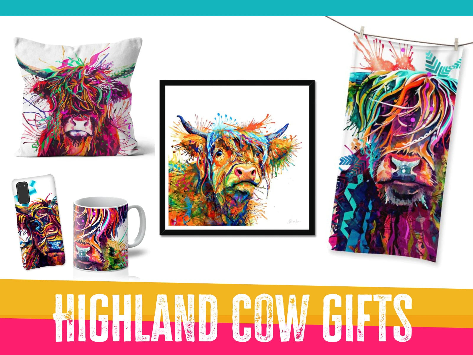 Highland cow gifts UK - colourful cows they will love! Sarah Taylor Art