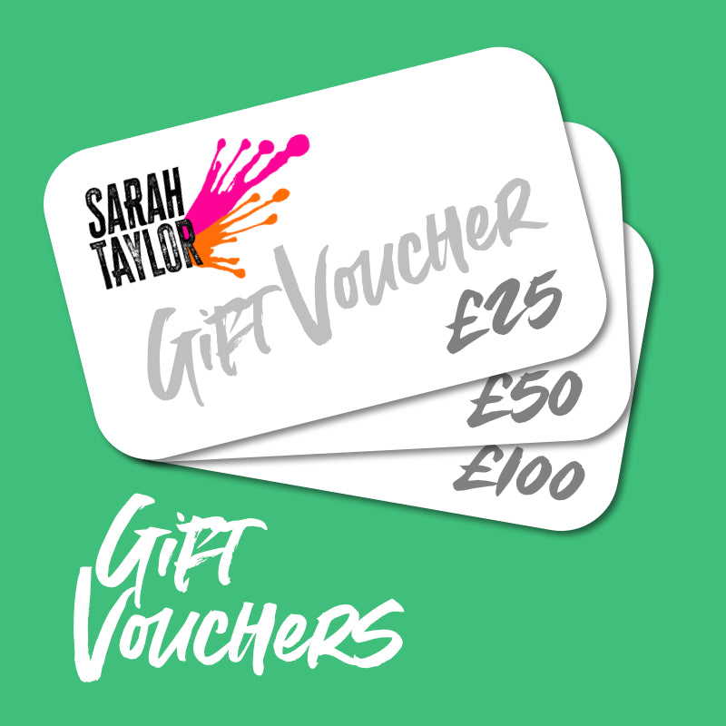 selection of 3 sarah taylor art gift vouchers on a green background