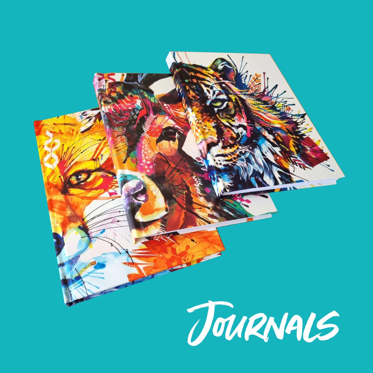 Set of 3 colourful animal art covered journals. Fox, Stag, Tiger - painted by sarah taylor