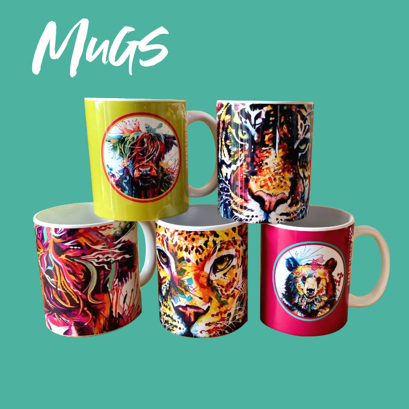 Colourful Animal art covered mugs.