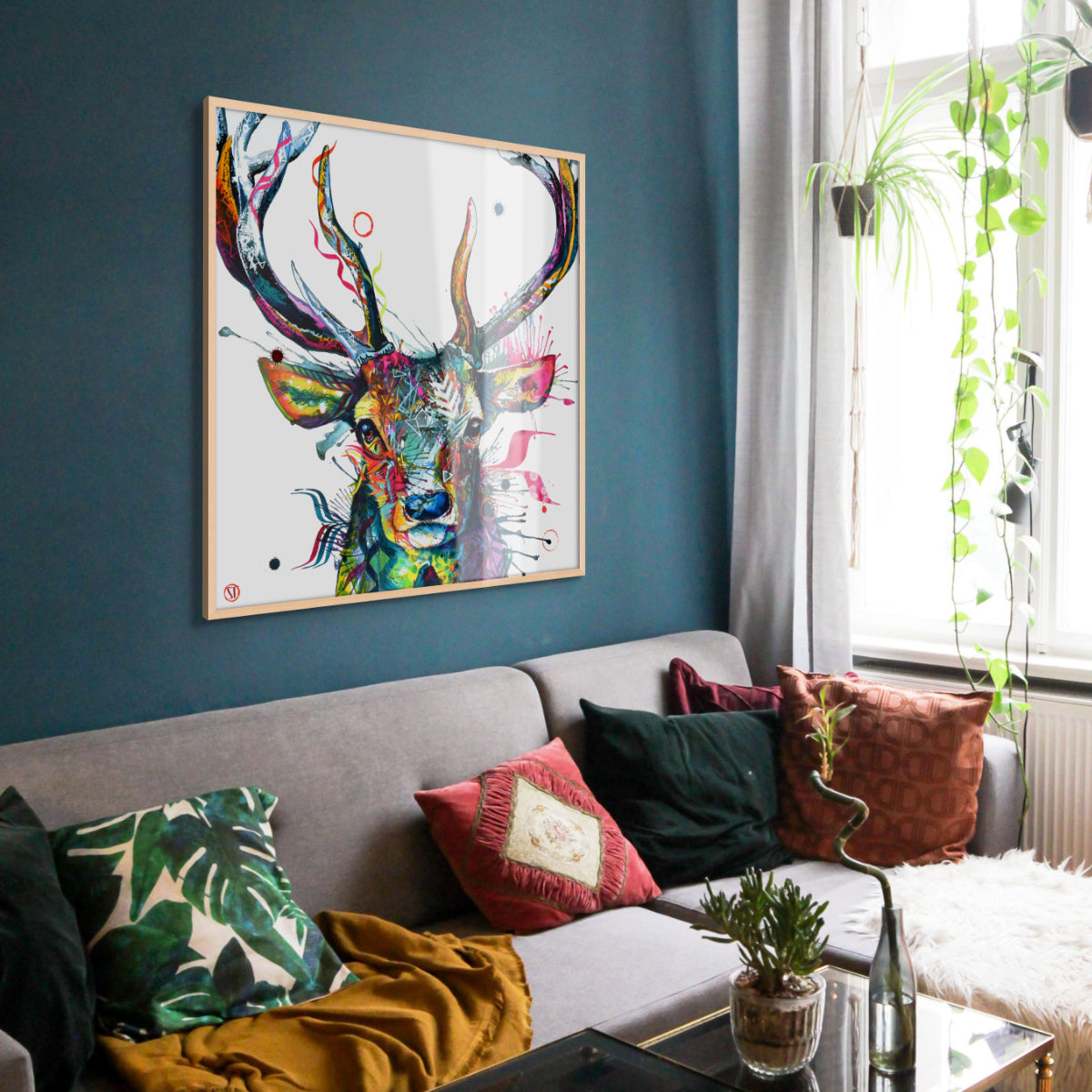 Colourful Stag painting on living room wall