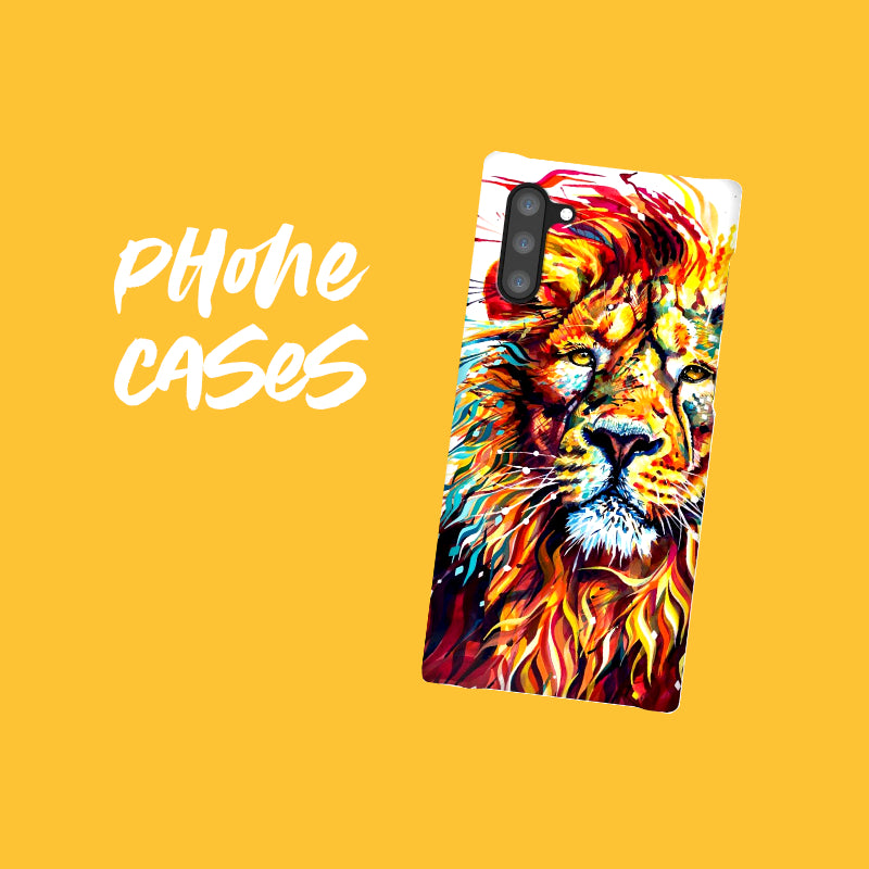 Lion painting on a phone case, yellow background