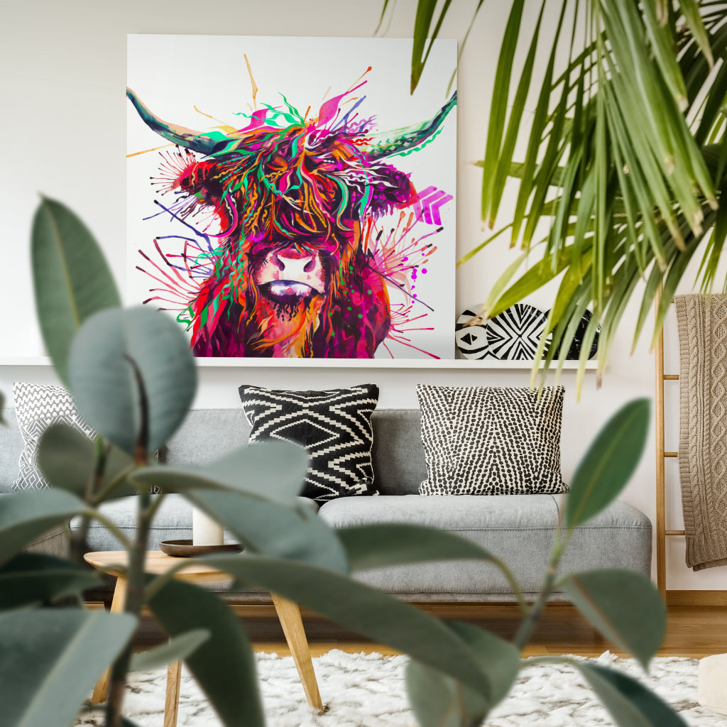 highland cow canvas on shelf