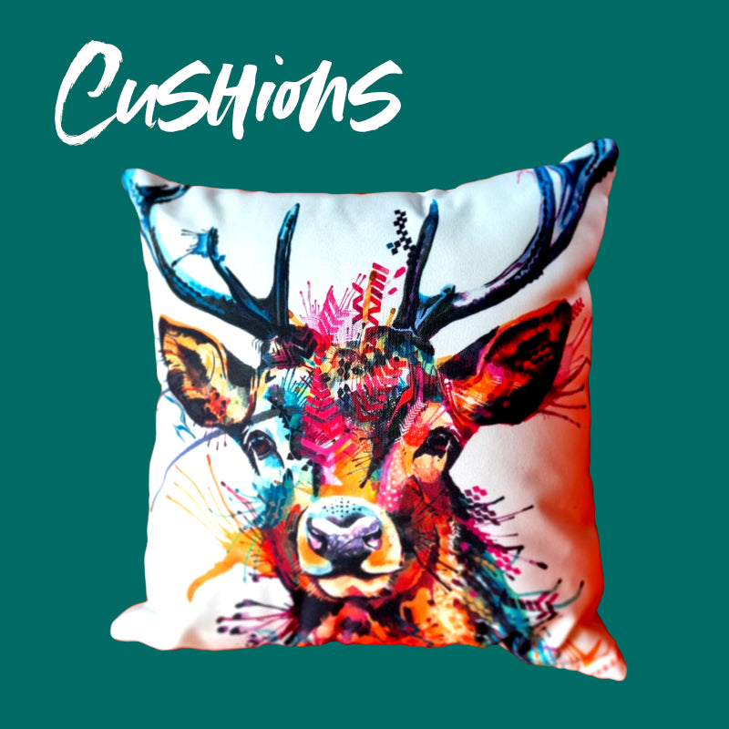 Colourful stag painting by Sarah Taylor on cushion