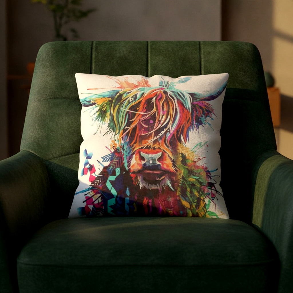 Colourful stag painting by Sarah Taylor on cushion