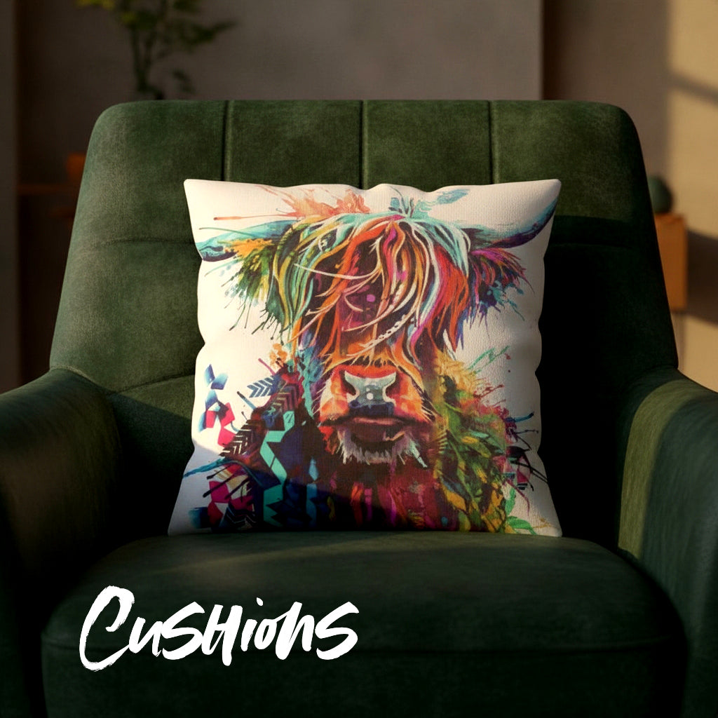 Colourful stag painting by Sarah Taylor on cushion