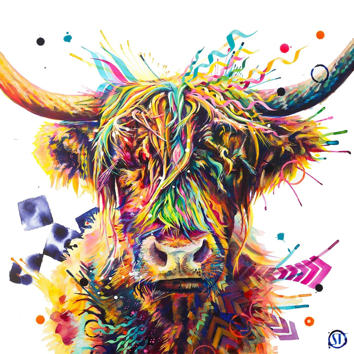 Mildred the colourful Highland cow painting with vibrant geometric patterns available as canvas, prints and cushion.