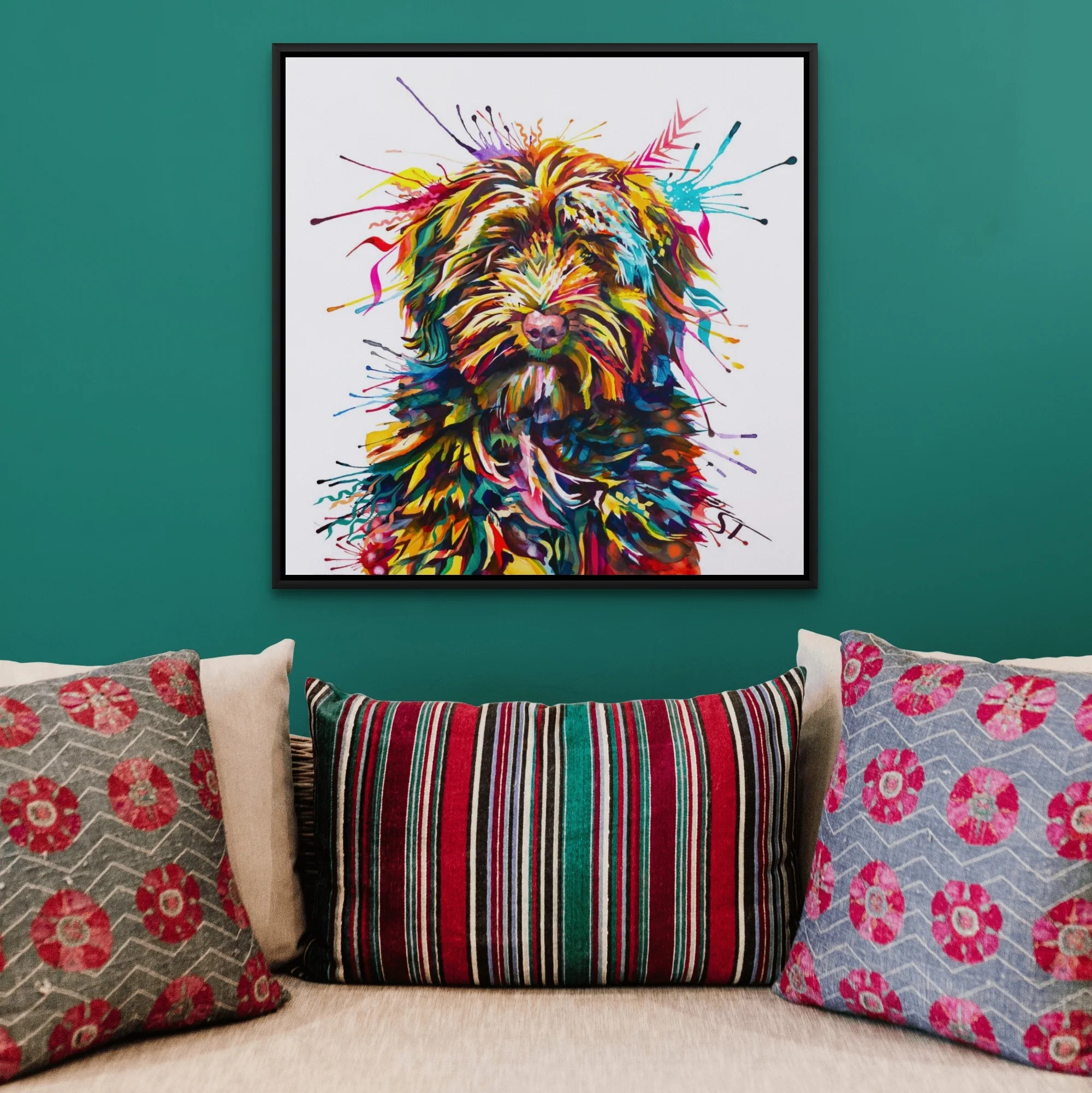 Colourful labradoodle painting on canvas. Displayed on a green wall above a sofa