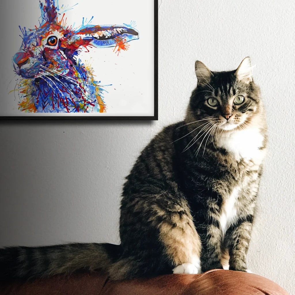 Framed animal art. Cat looking at hare painting