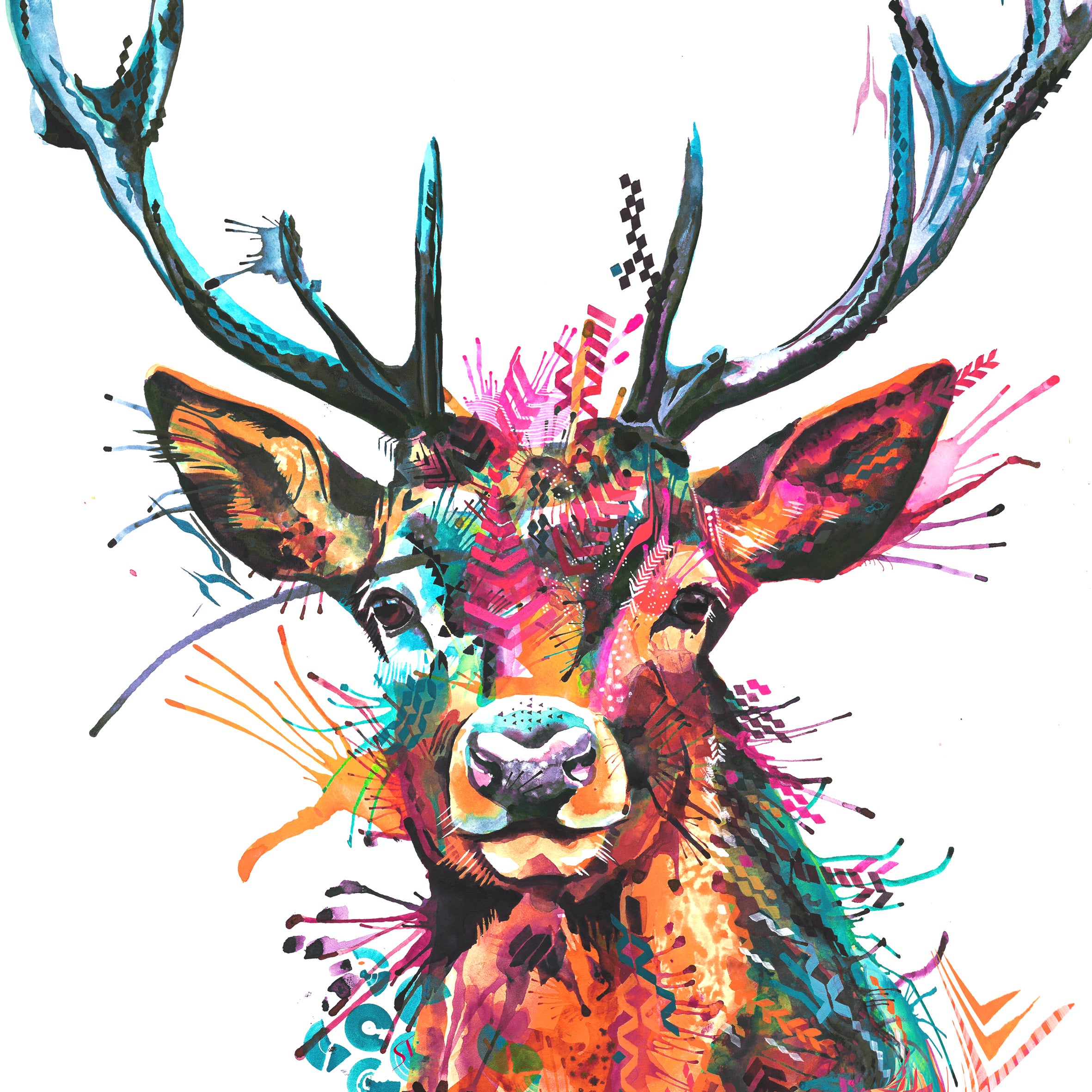 Colourful Stag Painting with hand drawn patterns