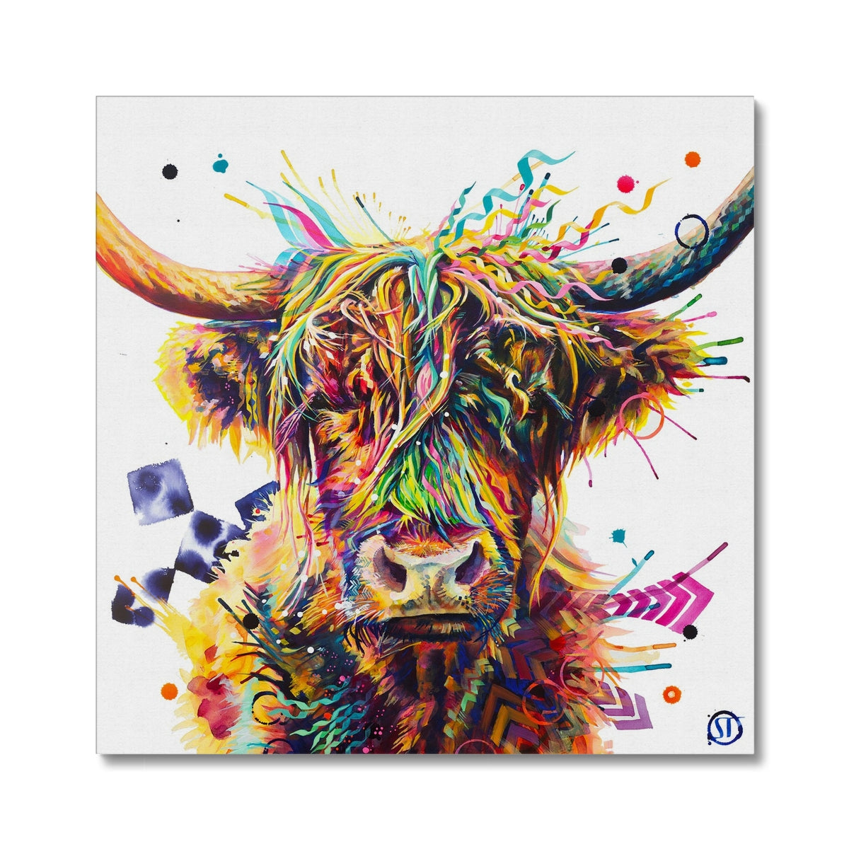 Mildred colourful Highland cow canvas featuring vibrant colours, geometric patterns and expressive contemporary artwork.