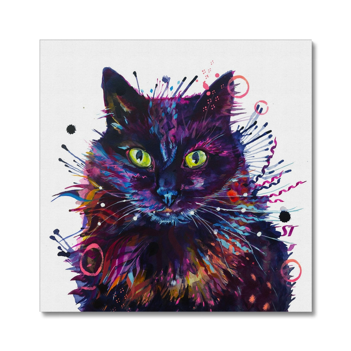 Merlin black cat canvas with glowing green eyes, colourful streaked fur and splatters of paint around his head