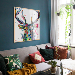 Colourful Stag painting on living room wall