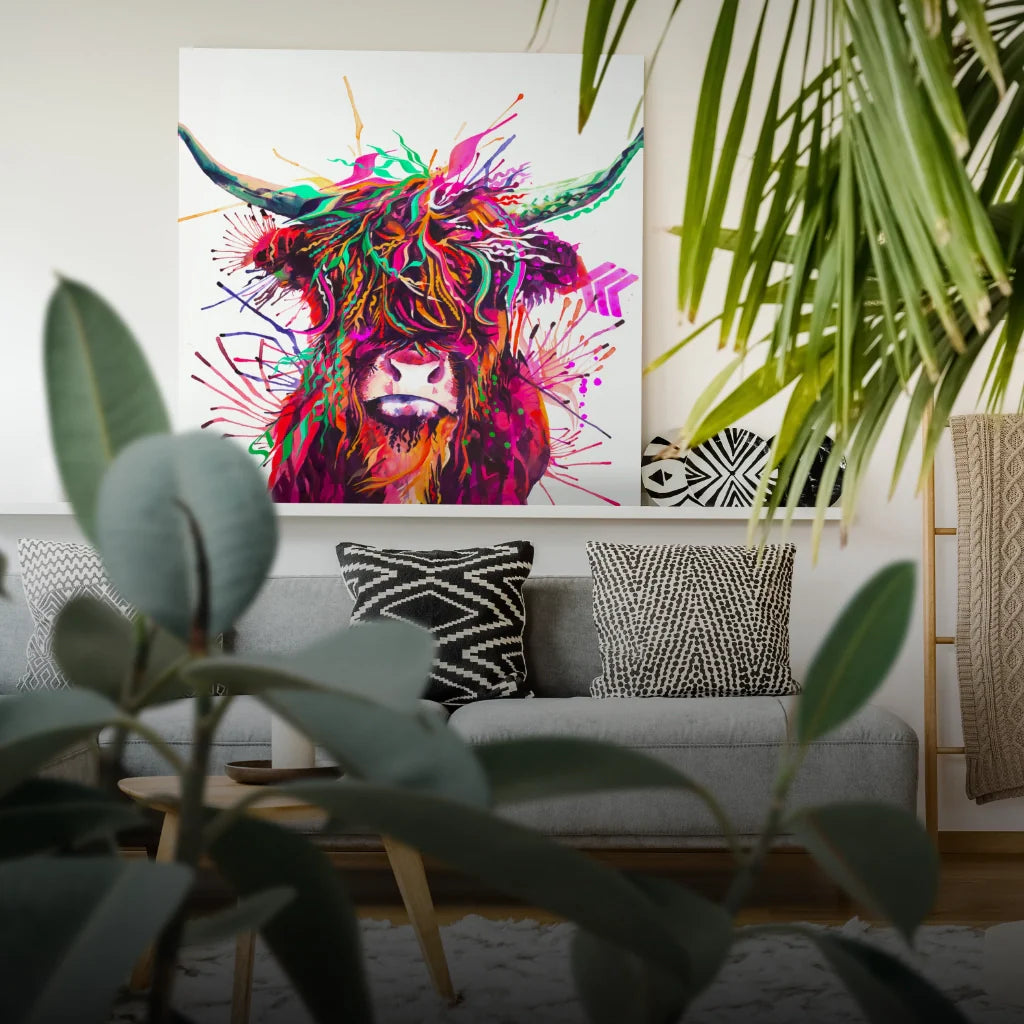highland cow canvas on shelf