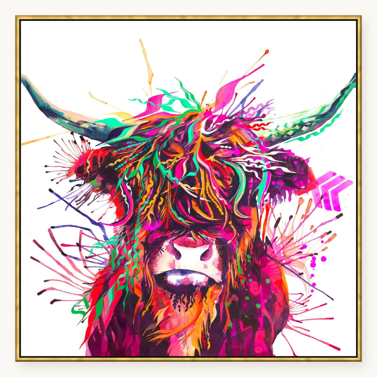 Agatha the Highland Cow XL Wall Art in an antique gold float frame, 40x40 inches | Highland Cow Art | Sarah Taylor