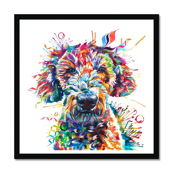 Colourful framed Labradoodle wall art print featuring Basil the Labradoodle in vibrant pink, orange, blue, and rainbow tones by Sarah Taylor Art.