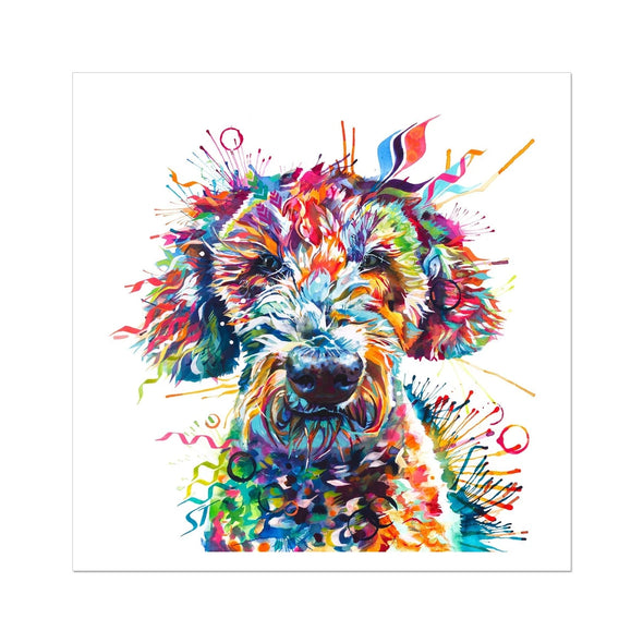 Colourful Labradoodle art print with expressive rainbow tones and joyful detail, featuring Basil the Labradoodle by Sarah Taylor Art.