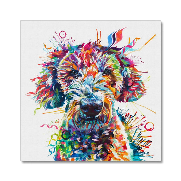 Large colourful Labradoodle canvas wall art showing Basil the Labradoodle in vibrant expressive colours and modern contemporary style.