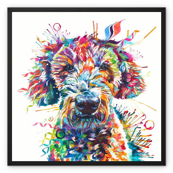 Framed canvas Labradoodle wall art featuring a colourful expressive Labradoodle portrait with bold vibrant detail and joyful personality.