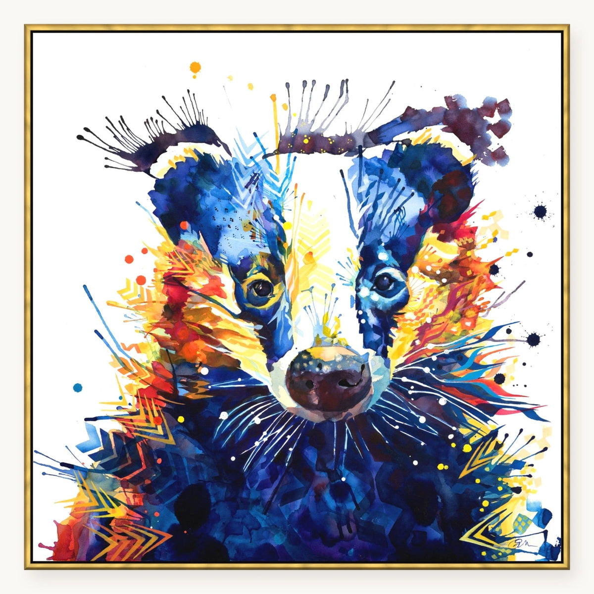 Billy Badger XL Wall Art in an antique gold float frame, 40x40 inches | Badger Art | Sarah Taylor