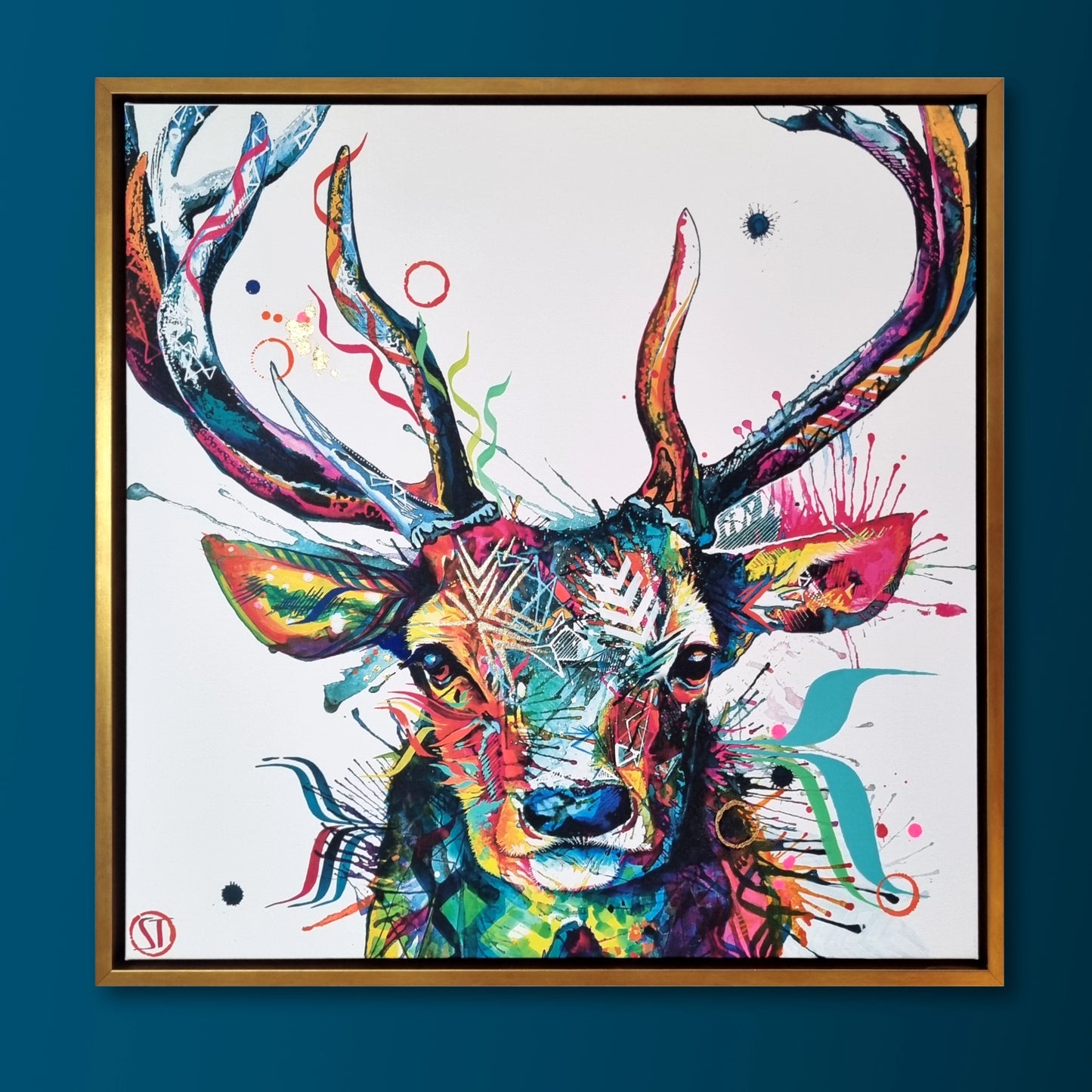 Colorful abstract deer painting on a white background with a gold frame.
