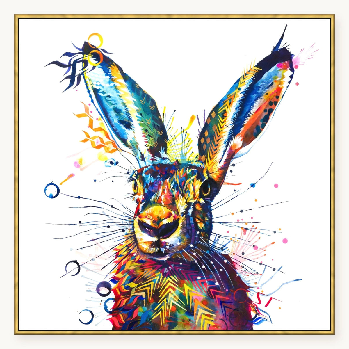 Hartley the Hare XL Wall Art in an antique gold float frame, 40x40 inches | Hare Art | Sarah Taylor