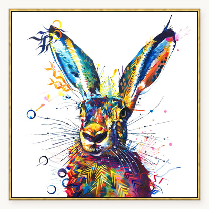 Hartley the Hare XL Wall Art in an antique gold float frame, 40x40 inches | Hare Art | Sarah Taylor
