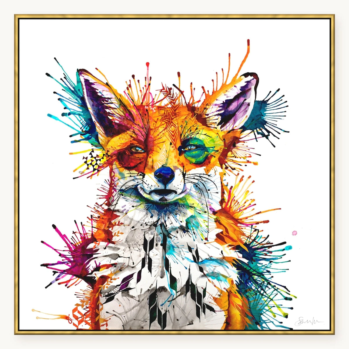 Hector the Fox XL Wall Art in an antique gold float frame, 40x40 inches | Fox Art | Sarah Taylor