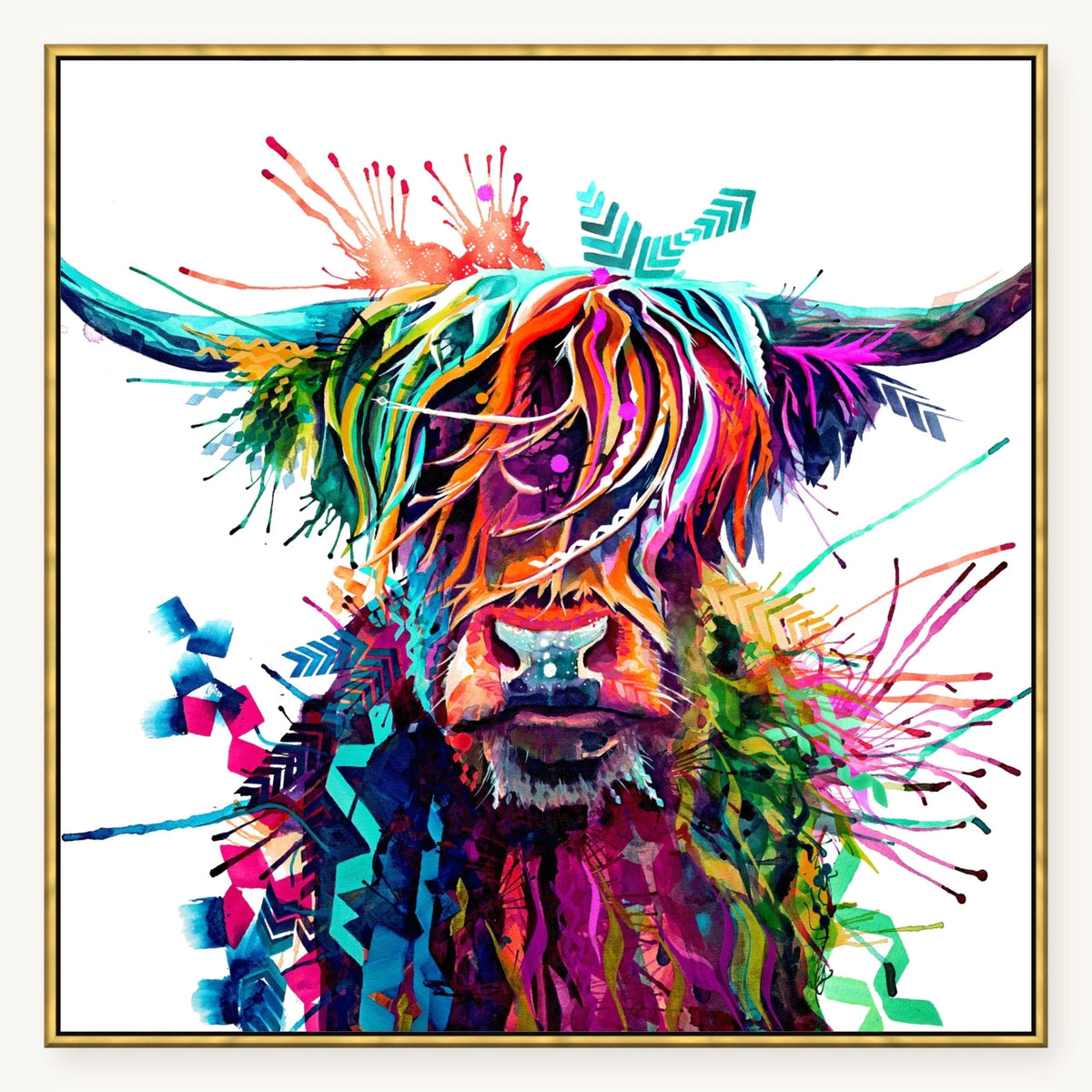 Hilda the Highland Cow XL Wall Art in an antique gold float frame, 40x40 inches | Highland Cow Art | Sarah Taylor