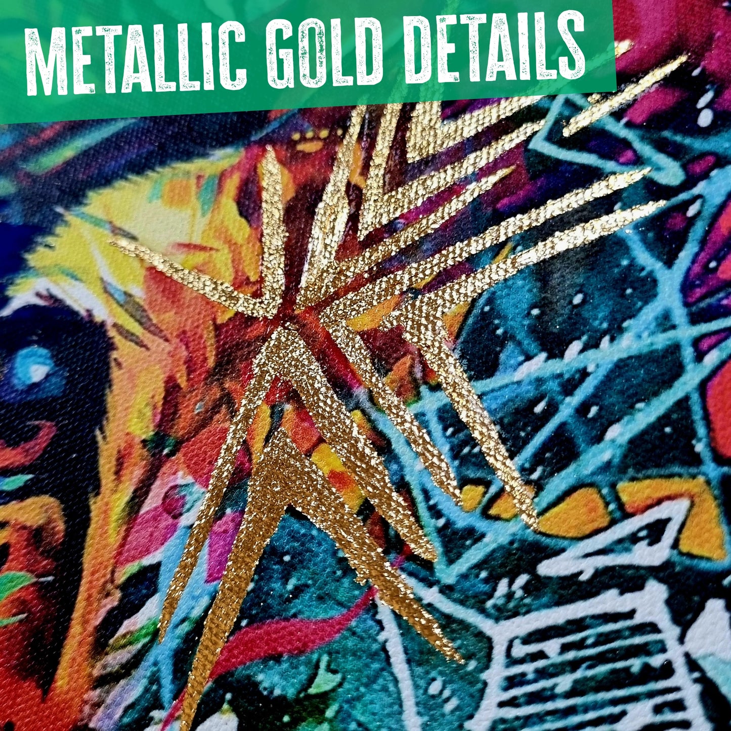 Colourful stag painting with metallic gold embellishments and text overlay 'METALLIC GOLD DETAILS'.