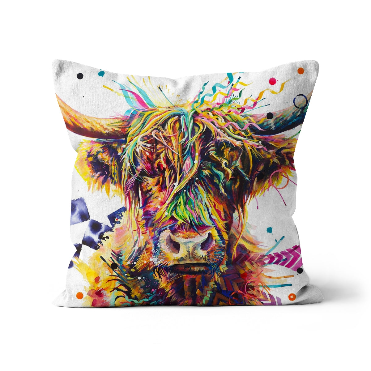 Colourful Highland cow canvas cushion featuring Mildred with vibrant geometric patterns and expressive contemporary artwork.