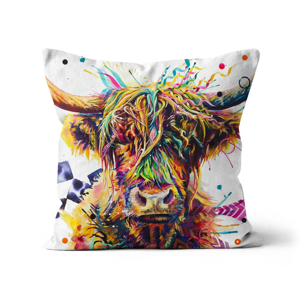 Colourful Highland cow canvas cushion featuring Mildred with vibrant geometric patterns and expressive contemporary artwork.