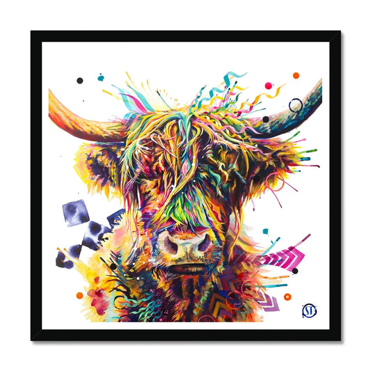 Mildred the Highland Cow colourful framed print featuring bold geometric patterns and vibrant contemporary wildlife art.