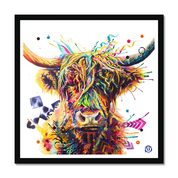 Mildred the Highland Cow colourful framed print featuring bold geometric patterns and vibrant contemporary wildlife art.