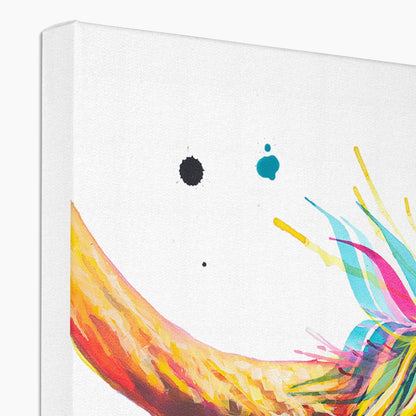 Mildred colourful Highland cow canvas in close up featuring vibrant colours, geometric patterns and expressive contemporary artwork.