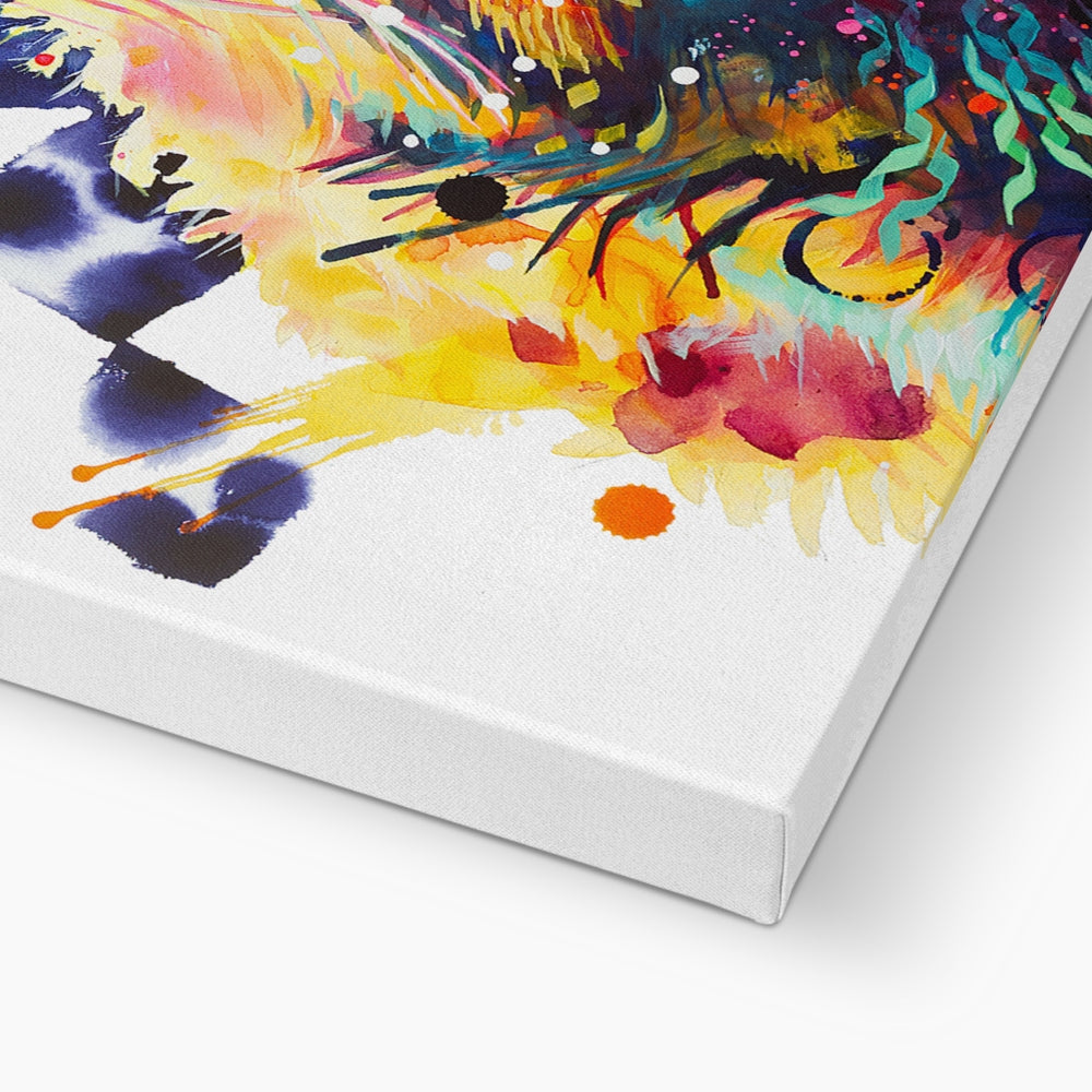 Close-up of Mildred colourful Highland cow canvas featuring vibrant colours, geometric patterns and expressive contemporary artwork.