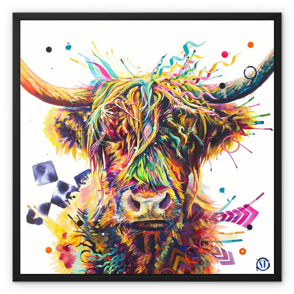 Mildred the Highland Cow colourful framed canvas wall art with vibrant geometric patterns and bold contemporary colours.