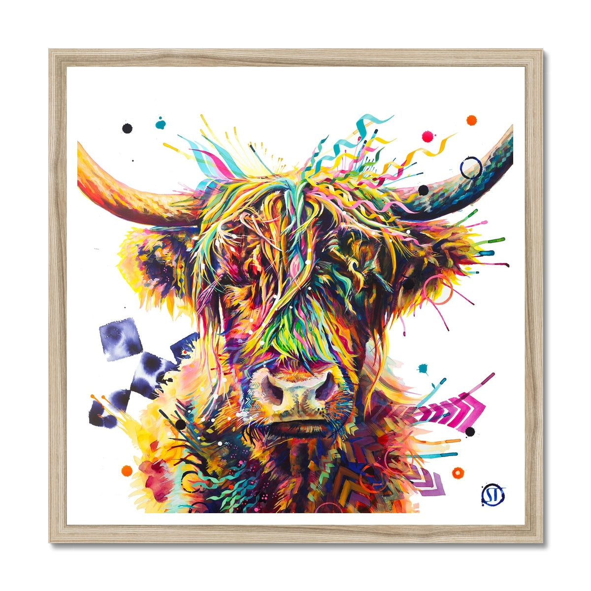 Mildred the Highland Cow colourful framed print featuring bold geometric patterns and vibrant contemporary highland bull art.