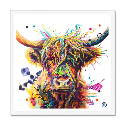 Mildred the Highland Cow colourful framed print featuring bold geometric patterns and vibrant contemporary highland coo art.