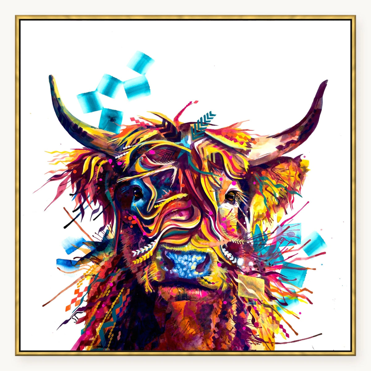Morag the Highland Cow XL Wall Art in an antique gold float frame, 40x40 inches | Highland Cow Art | Sarah Taylor