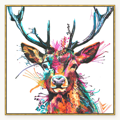 Oscar the Wild Stag XL Wall Art in an antique gold float frame, 40x40 inches | Stag Art | Sarah Taylor