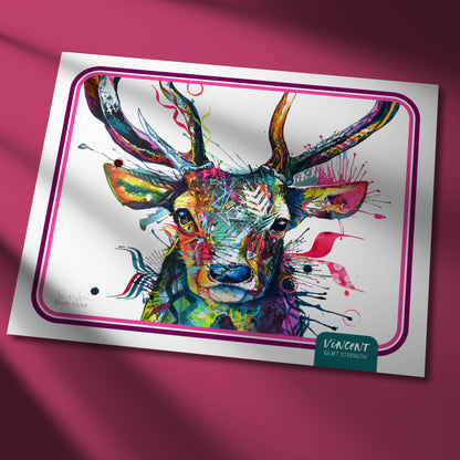 Colourful deer painting on a white card with a pink border against a pink background