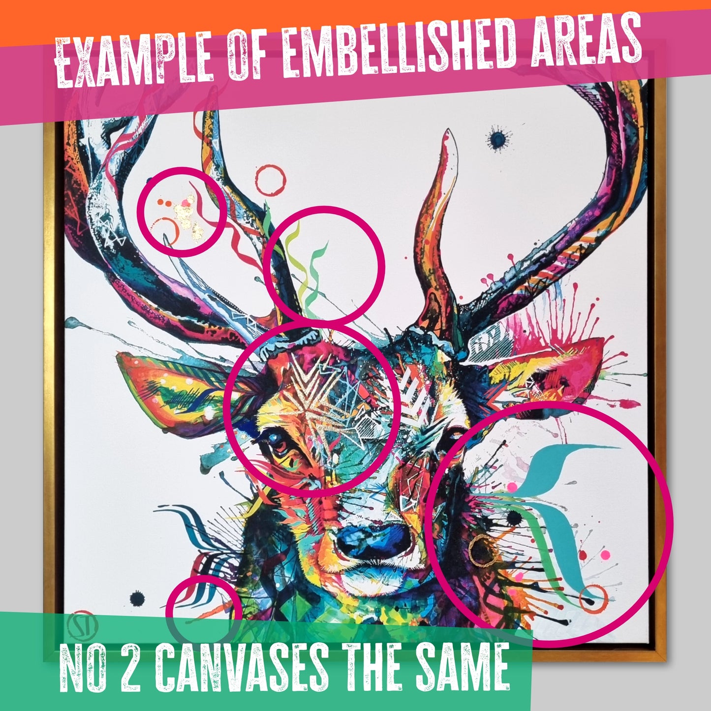 Colorful abstract deer painting with embellished areas highlighted.