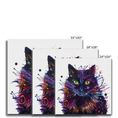 Merlin black cat canvas with glowing green eyes, colourful streaked fur and splatters of paint around his head
