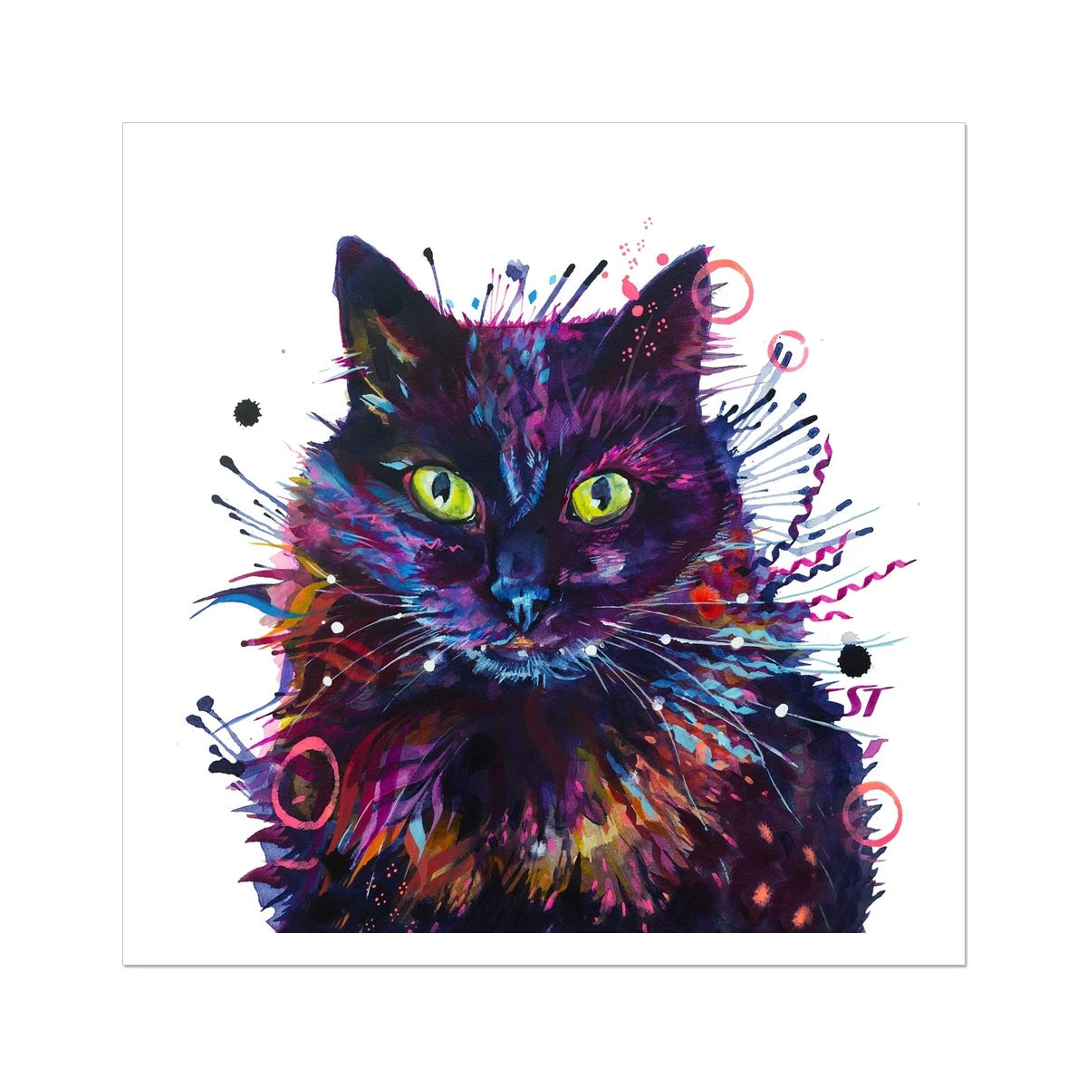 Merlin black cat fine art print with acid green eyes, colourful fur and swirling rings of paint