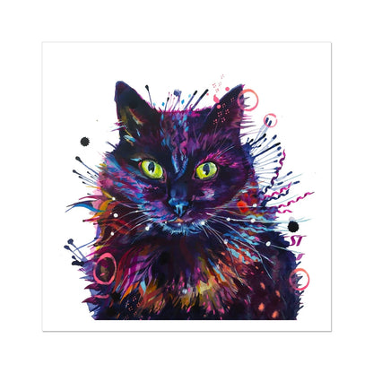 Merlin black cat fine art print with acid green eyes, colourful fur and swirling rings of paint