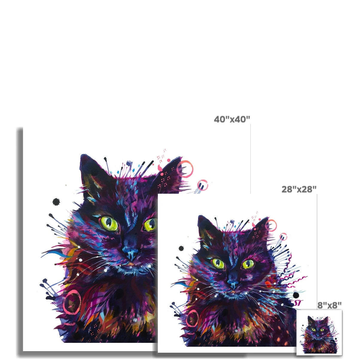 Merlin black cat fine art print with acid green eyes, colourful fur and swirling rings of paint