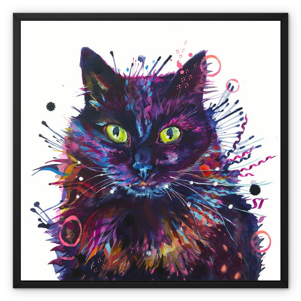 Framed canvas of Merlin, a black cat painting with green eyes and bold pink, violet and blue brushwork