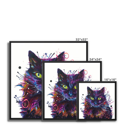 Framed canvas of Merlin, a black cat painting with green eyes and bold pink, violet and blue brushwork