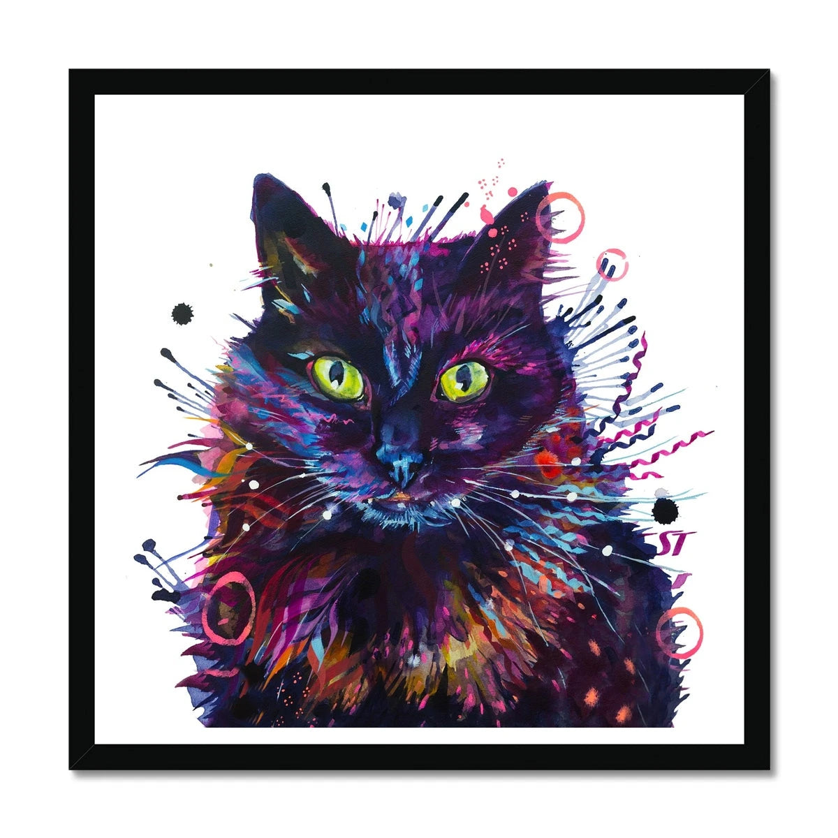 Framed print of Merlin, a colourful black cat painting with glowing green eyes and streaks of pink, violet and blue